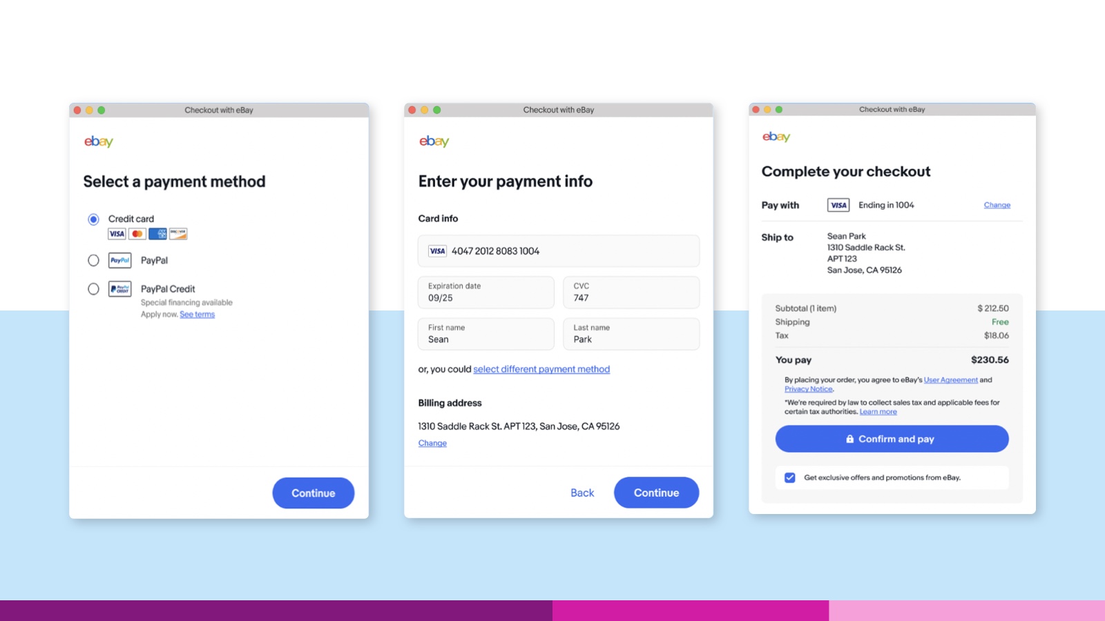 Three screens showing the payment experience with a credit card