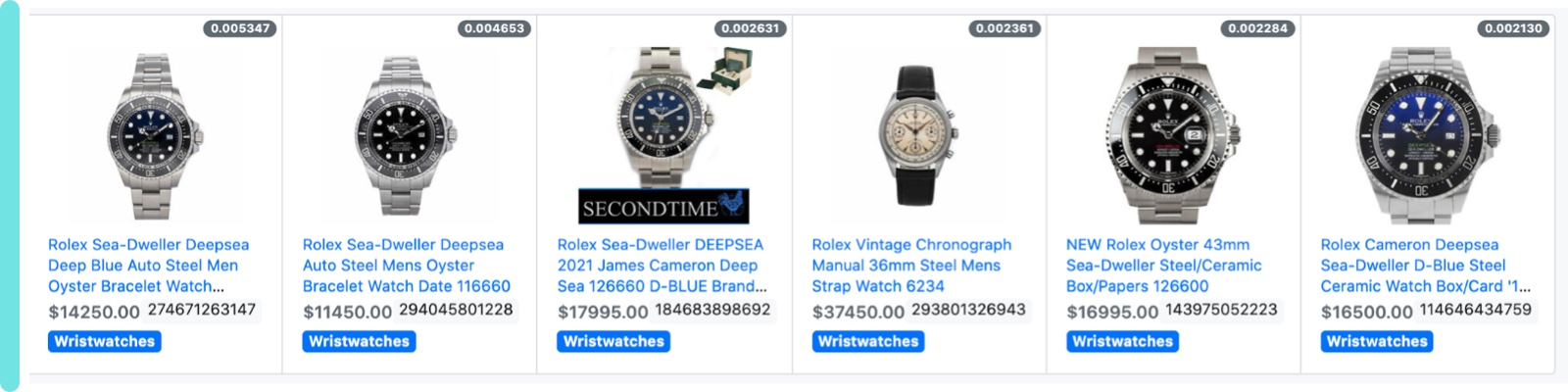 a strip of ebay listings with wristwatches