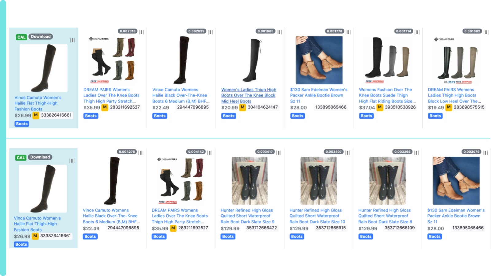 a strip of ebay listings with women boots