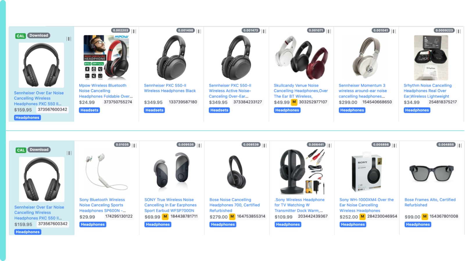 a strip of ebay listings with headphones