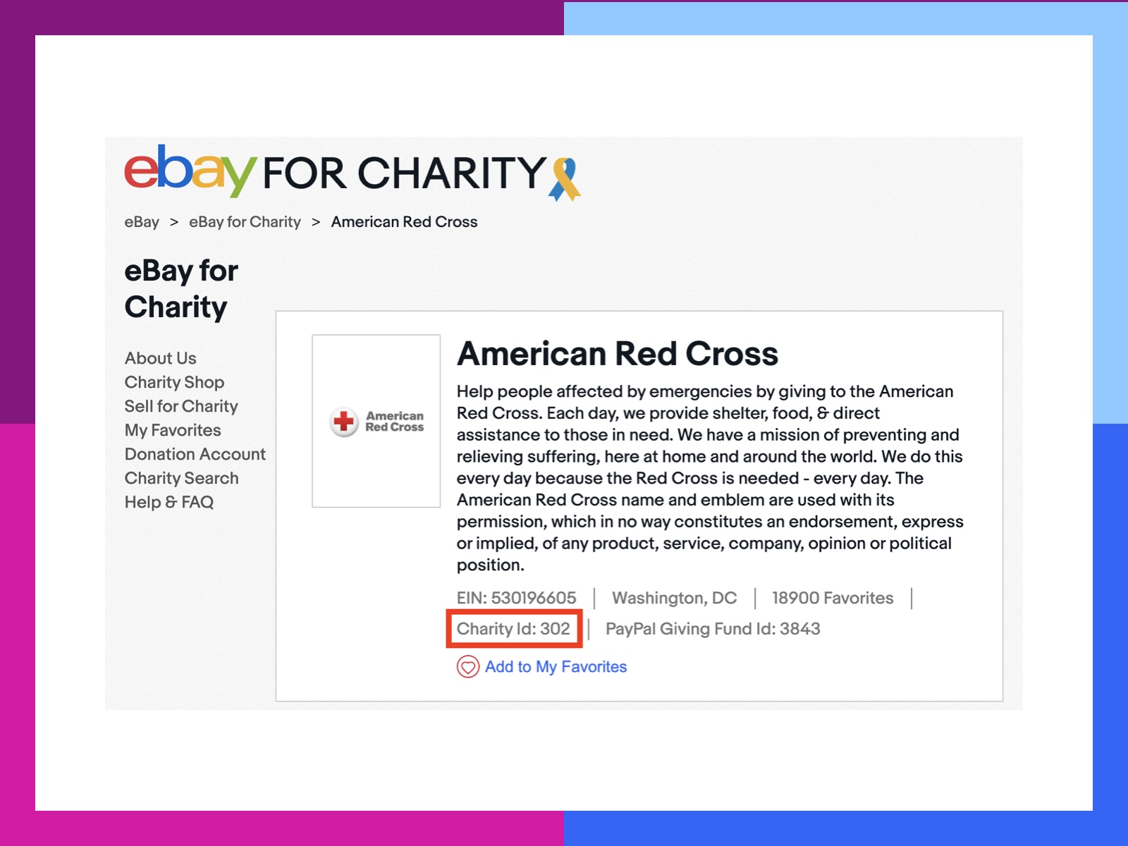 Screenshot demonstrating where to find the Charity ID in each nonprofits eBay for Charity profile