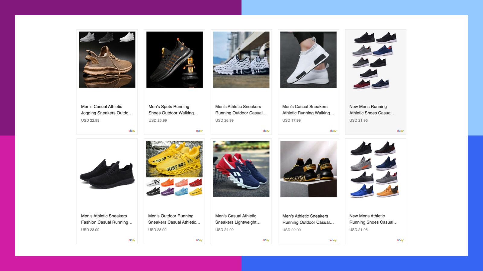 Screenshot of how the eBay Items Widget enables a gallery layout where items are organized in a responsive format