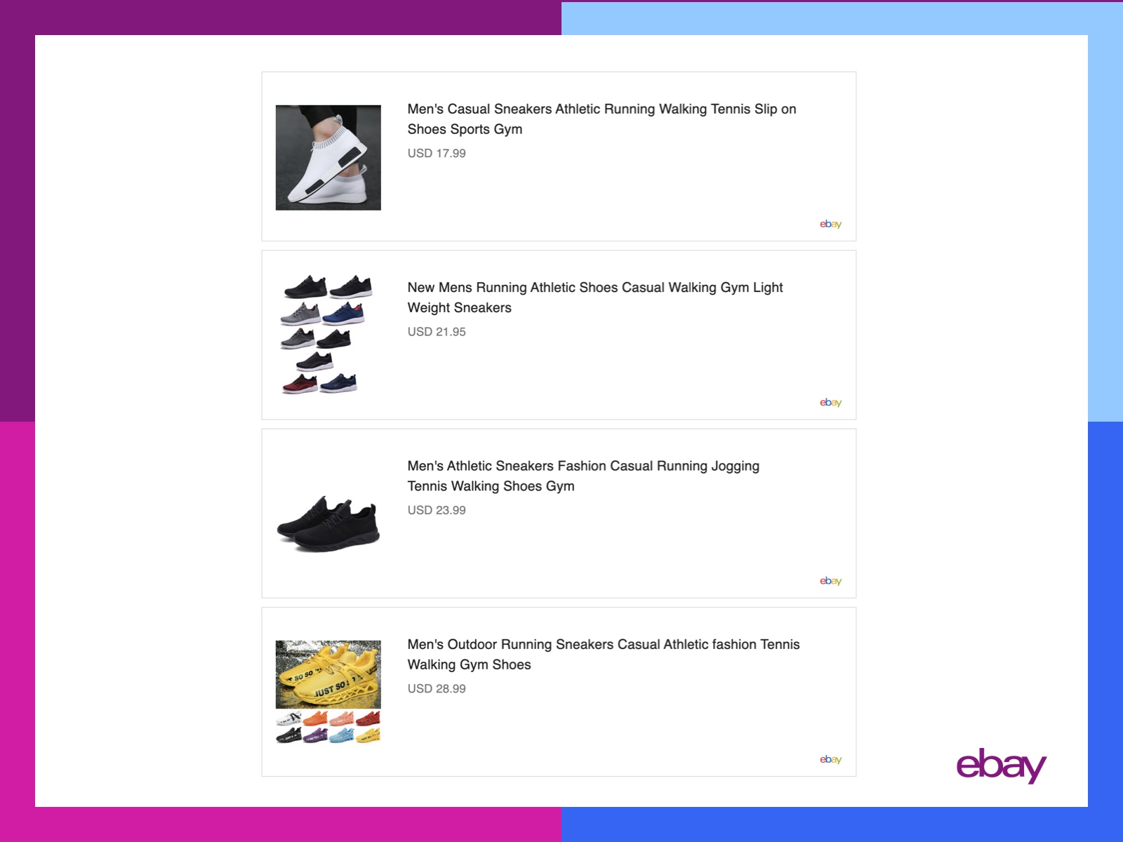 Screenshot of how the eBay Items Widget enables a list layout where items are displayed vertically
